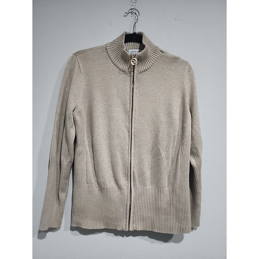 CALVIN KLEIN Womens Size Large Brown Sweater 1/4 Zip Mock Neck Pullover Ribbed